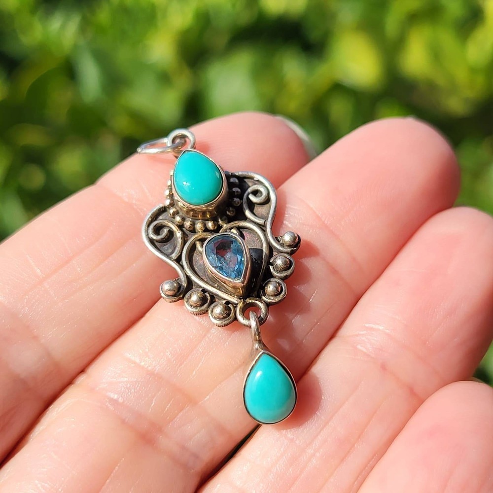 Vintage Sterling Silver Turquoise Blue Topaz Pendant Blue Boho Dangle 925